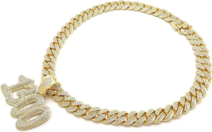 Hip Hop Iced Gold Plated Cubic Zirconia Rapper Style 1300 Bling Pendant & 12mm 16" Iced Cuban Box Lock Chain Necklace Set
