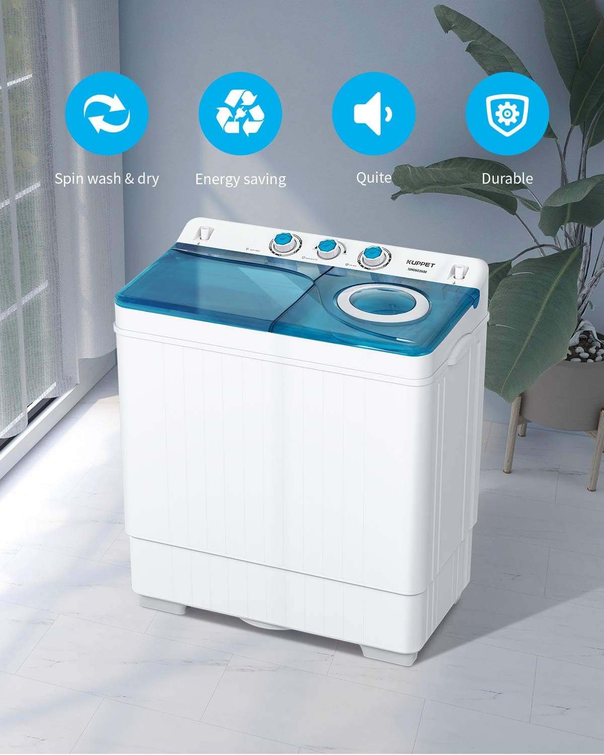 KUPPET Compact Twin Tub Portable Mini Washing Machine 26lbs Capacity, Washer(18lbs)&Spiner(8lbs)/Built-in Drain Pump/Semi-Automatic (White&Blue)
