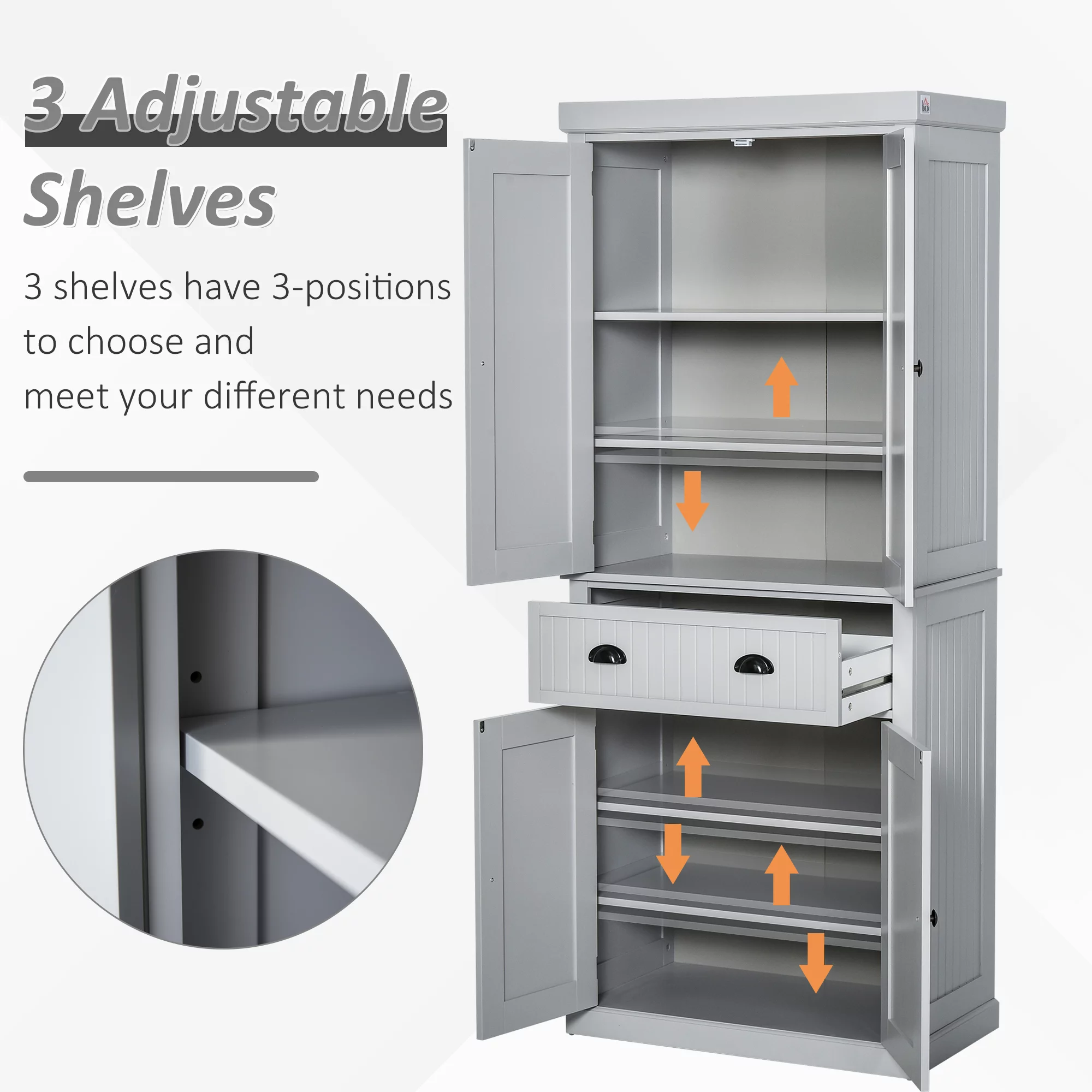 HOMCOM 72" Kitchen Pantry, Tall Storage Cabinet, Freestanding Cupboard with Drawer, Doors and Adjustable Shelves, Gray