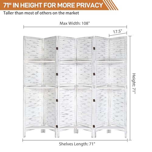 Bonnlo 6 Panels Wood Room Divider with Shelves, 6 FT Height Folding Privacy Screens, Indoor Freestanding Room Partition Wall Divider