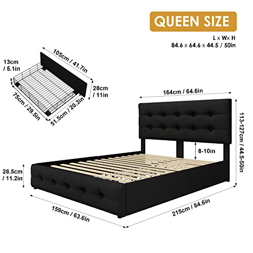 Queen Bed Frame with 4 Storage Drawers and Adjustable Headboard, Upholstered Platform Bed with Button Tufted Design, Strong Wooden Slats Support
