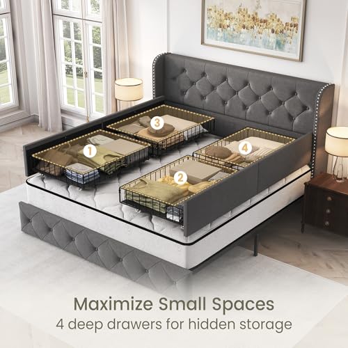 King Size Bed Frame with 4 Storage Drawers and Tufted Headboard Linen Upholstered Platform Bed Frame Wingback Beds with Wooden Slats Support