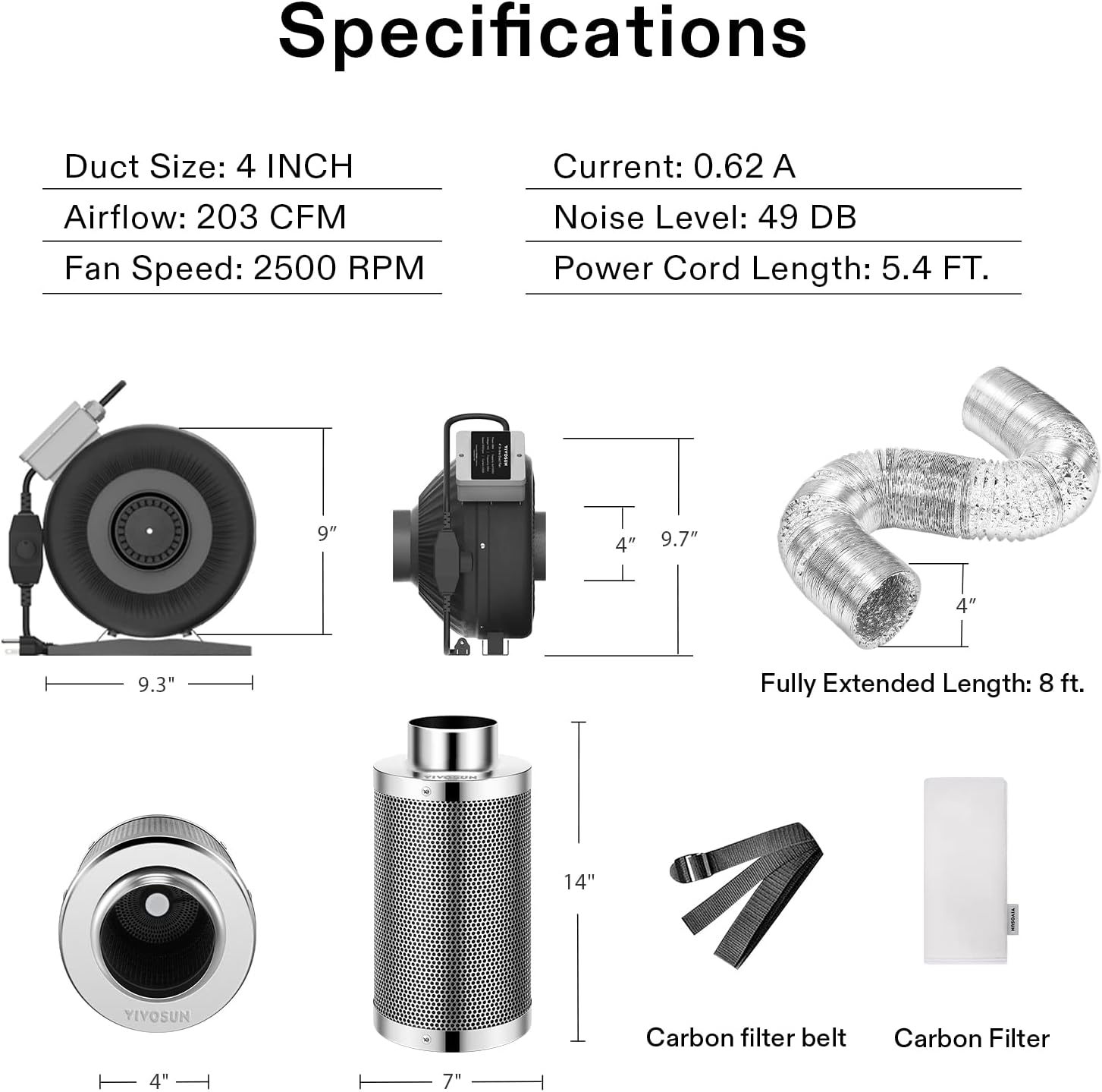 VIVOSUN Air Filtration Kit: 4 Inch 203 CFM Inline Fan with Speed Controller, 4'' Carbon Filter and 8 Feet of Ducting Combo