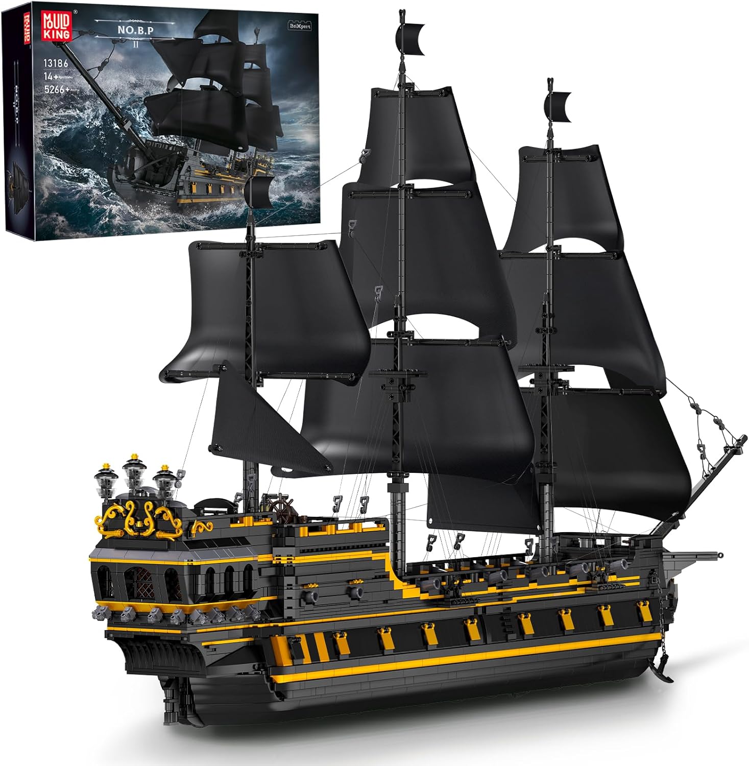 Mould King Large Pirates Ship Model Building Blocks Kits, MOC Black Pearl Sailboat Model Construction Set to Build