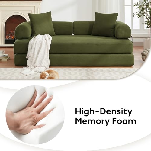 Convertible Sleeper Sofa Bed with Cylindrical Pillow, Corduroy Folding Mattress Couch with Fixed-Shape Frame
