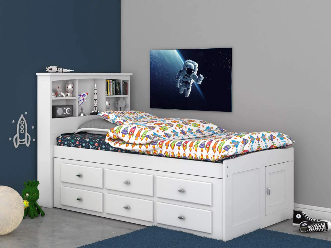 Discovery World Furniture - Full Size Bed Frame with Headboard Bookcase Captain Bed with 6 Drawers, Full Size Bed with Storage, Charcoal
