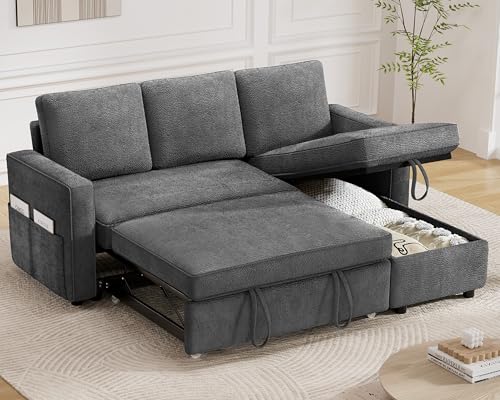 81" Sleeper Sofa Bed with Pull Out Bed, L Shaped Couch Sectional Sleeper Sofa, Pull Out Couch with Reversible Storage Chaise, Side Pockets