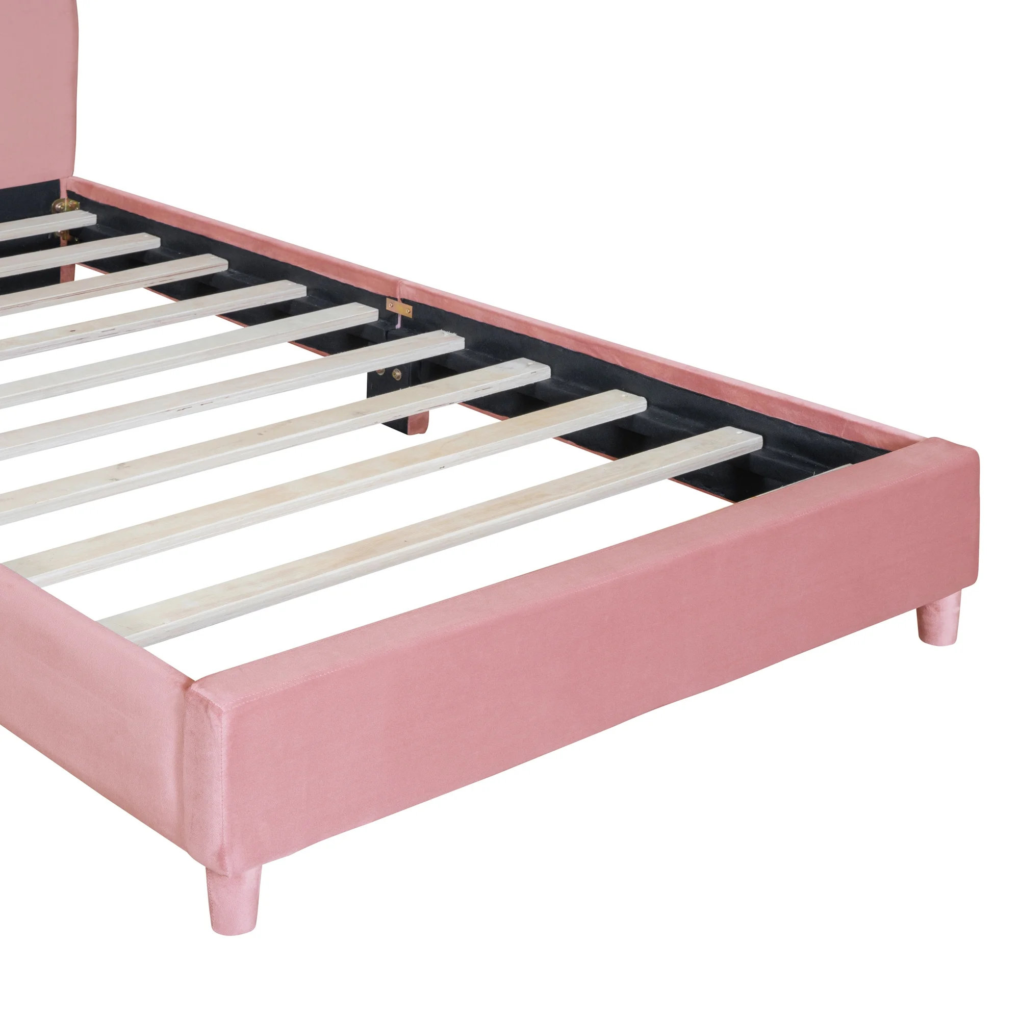 uhomepro Upholstered Twin Size Bed Frame, Platform Bed Frame with Upholstered Bear Ear Shaped Headboard, Wood Slat Support, No Box Spring Needed, Pink