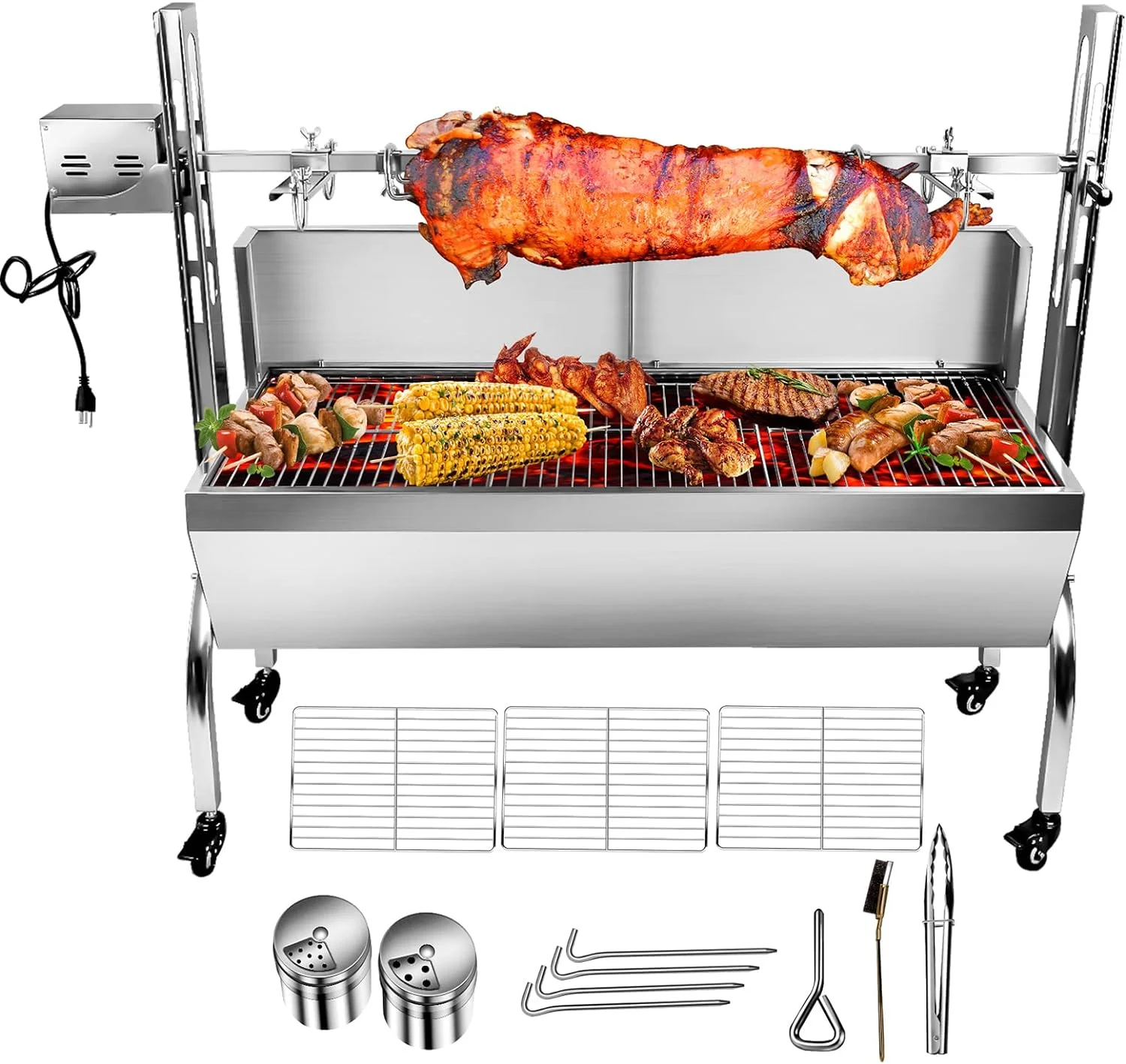 176LBS Stainless Steel Rotisserie Grill with Back Cover Guard, 25W Motor Small Pig Lamb Rotisserie Roaster