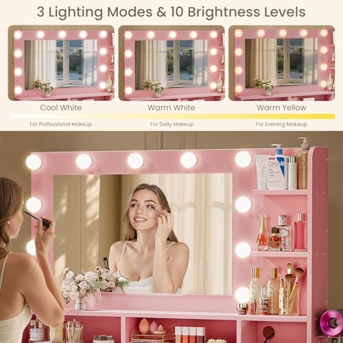 Vanity Desk with Mirror and Lights, Makeup Vanity with Storage Drawer, Power Outlet and Large Cabinet for Bedroom - White