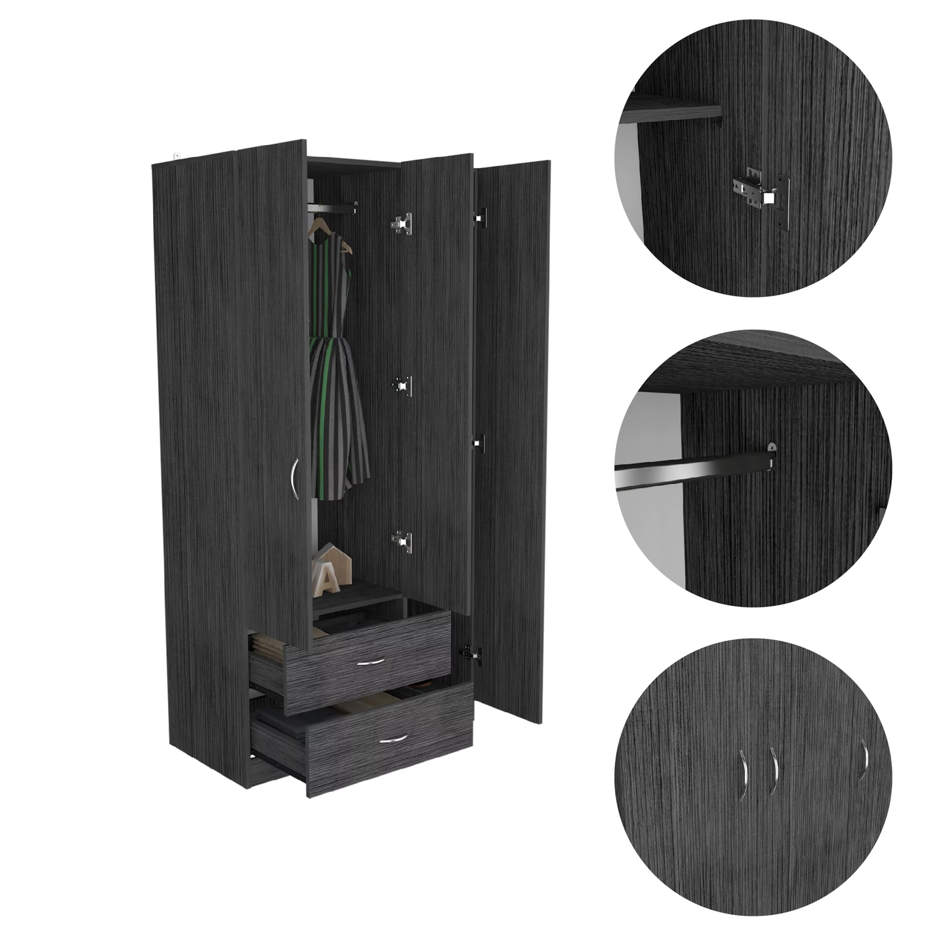 FM FURNITURE Eureka Three Door Armoire, Two Drawers, Rod ,Smokey Oak