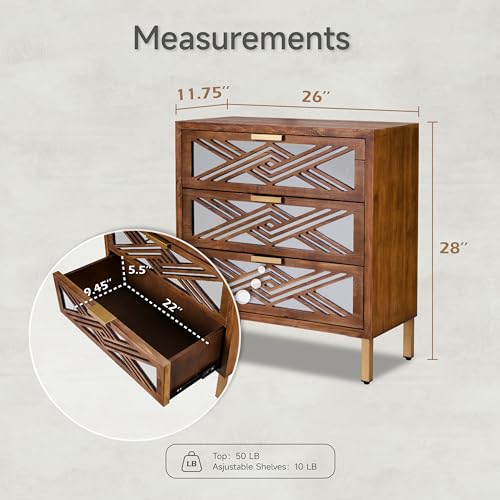 LONYKE Accent Dresser, 3-Drawer Wooden Cabinet with Mirror Fronts, Modern Farmhouse Accent Chest Clean-Lined Silhouette