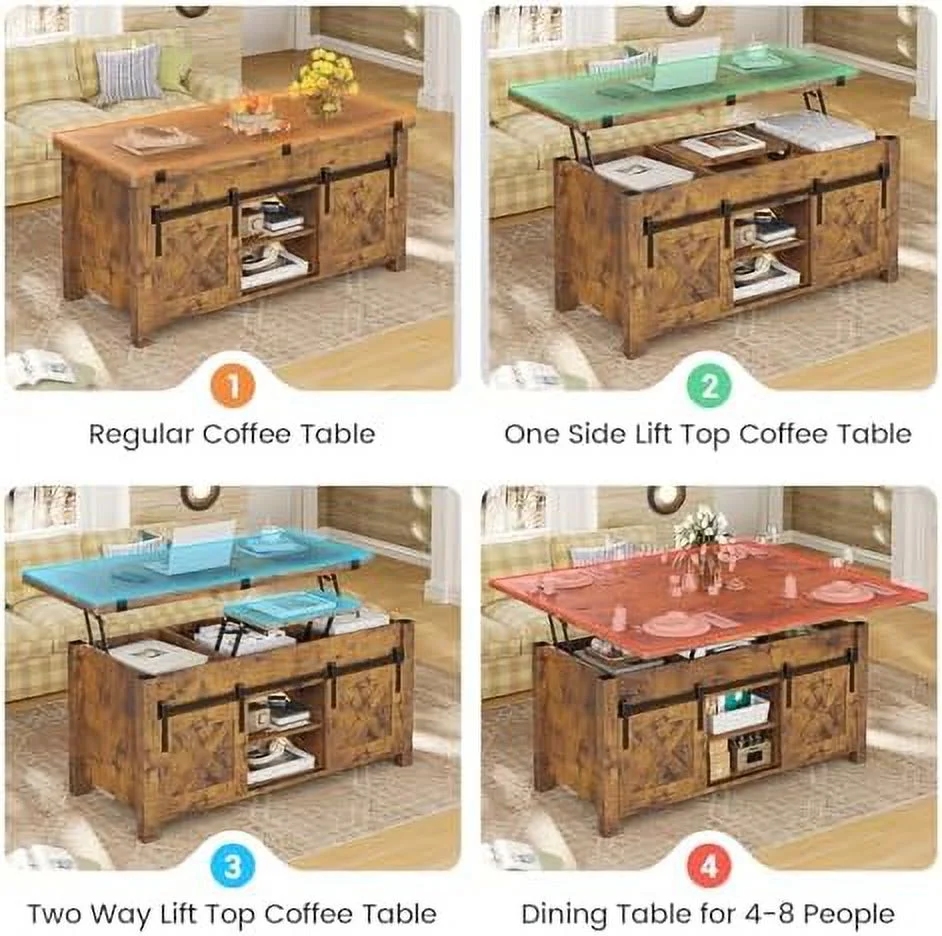 Lift Top Coffee Table  4 in 1 Convertible Coffee Tables with  and Hidden Compartment for Living Room  Farmhouse Coffee Table Converts to Dining Table