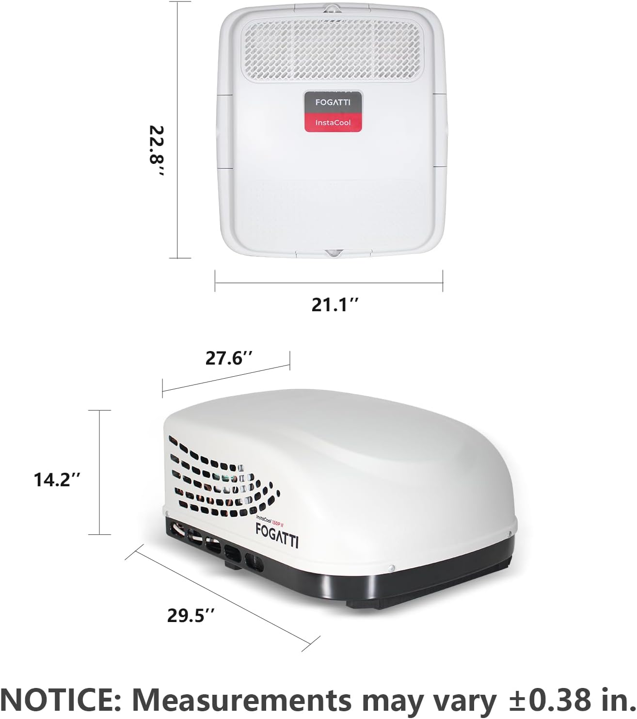 FOGATTI RV Air Conditioner Rooftop Non-Ducted 13500 BTU RV AC Unit 115V(AC) including Air Distribution Box and White InstaCool Series