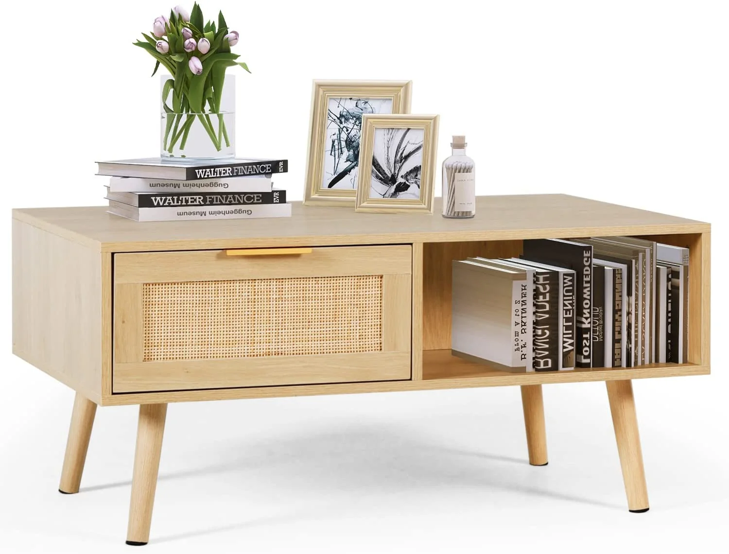 xrboomlife Rattan Coffee Table Mid Century Modern Center Rectangular Tables with 2 Drawers and Open   Wooden Small Media Table for Home Living Room