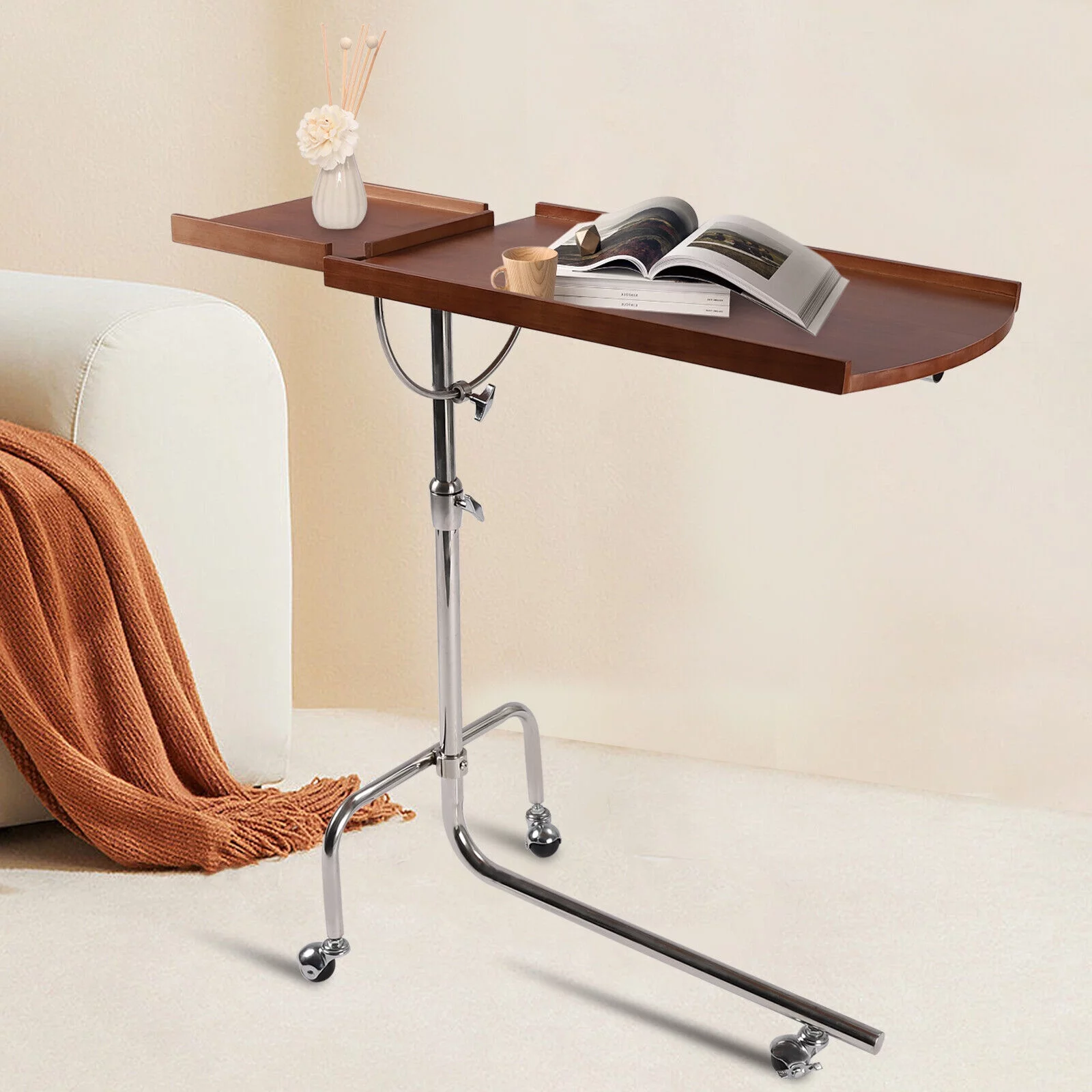 Miumaeov Swivel TV Tray Table C Shape Couch Sofa Table Tray Table Height & Tabletop Adjustable Solid Wood Oversized Table Laptop Desk End Table for
