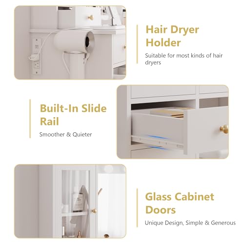 Makeup Vanity Desk with Mirror and Lights, White Vanity Table Set with Storage Drawers, Charging Station, Cabinets & Chair