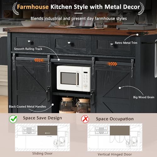 Farmhouse Kitchen Island with Power Outlet, 2 Sliding Barn Door Kitchen Storage Island with Drop Leaf, Spice Rack Rolling Kitchen Cart on Wheels