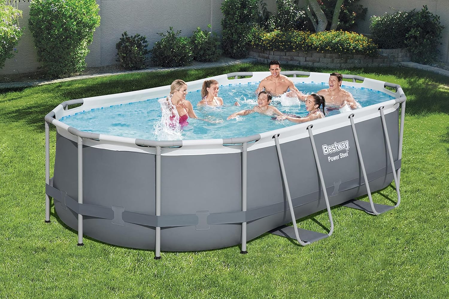 Bestway 56711E Power Steel 18' x 9' x 48 Outdoor Oval Frame Above Ground Swimming Pool Set with 1500 GPH Cartridge Filter Pump, Cover, & Ladder, Gray