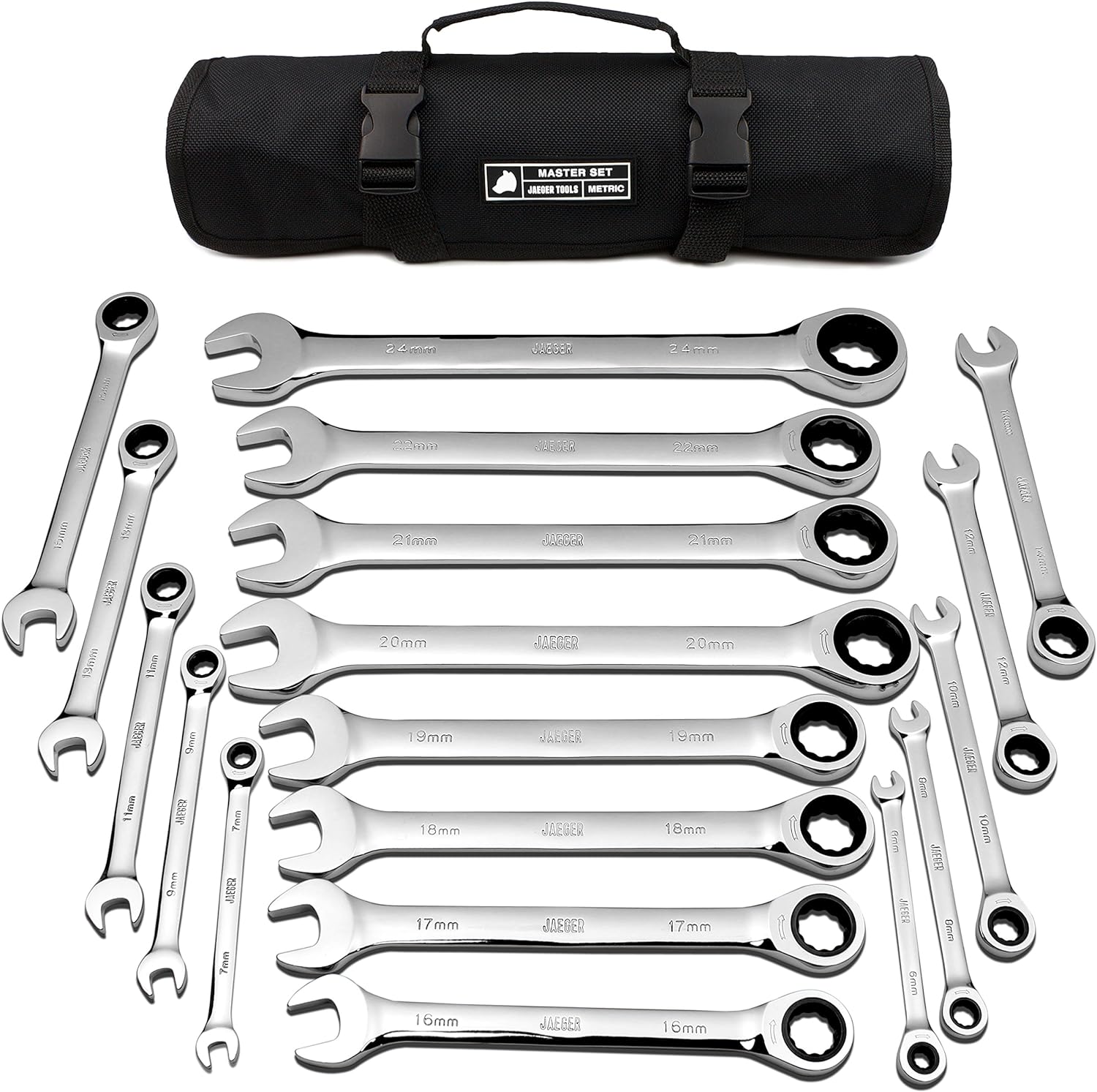 JAEGER 15pc Inch TIGHTSPOT Ratcheting Wrenches MASTER SET - Our LARGEST SAE/INCH SET With Bear Keeper Rollup Case