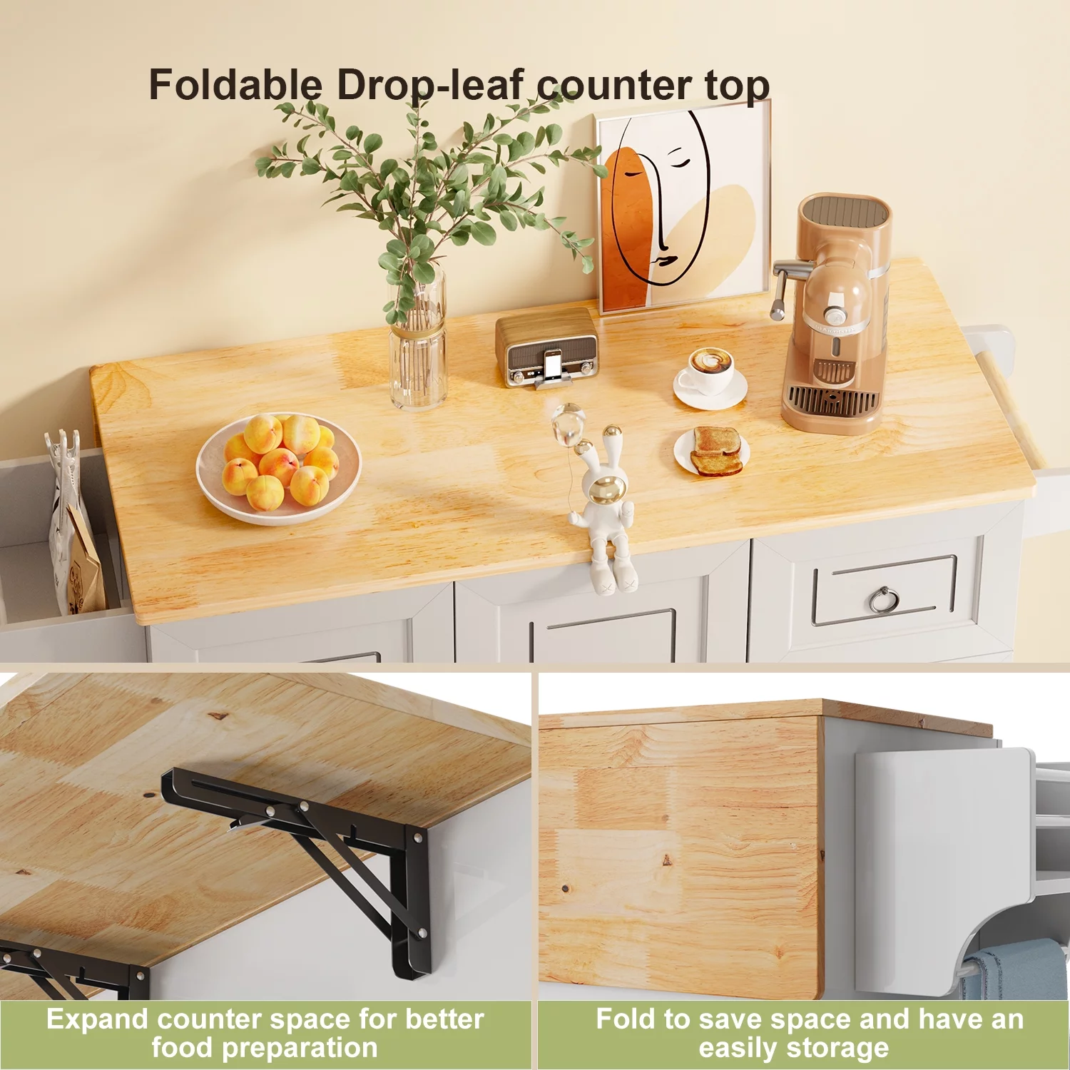 Lofka 42" Kitchen Island with Storage, Kitchen Island on Wheel with Wood Drop Leaf Tabletop,White