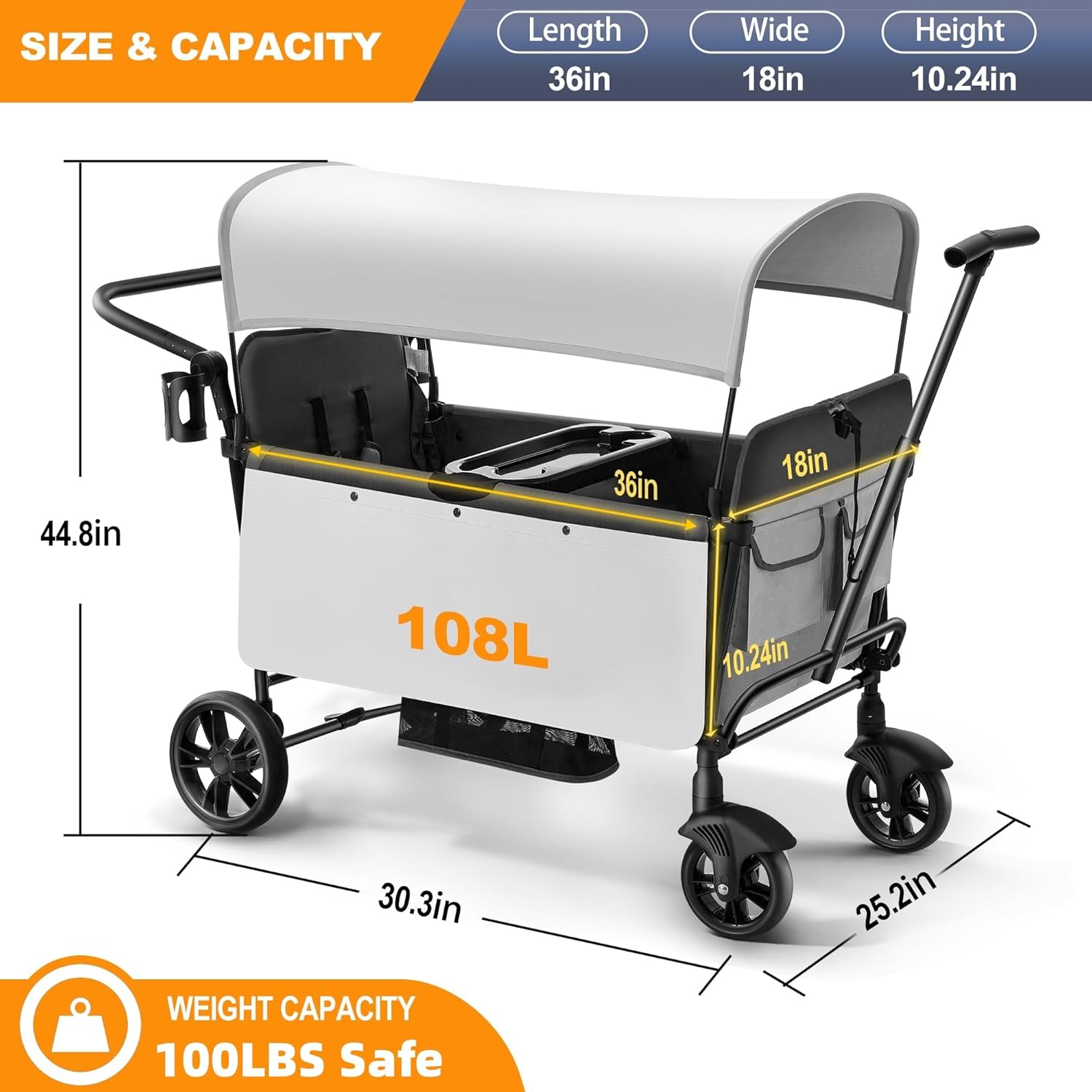 Foldable Stroller Wagon for 2 Kids, Wagon Stroller with Adjustable Handle-Bar