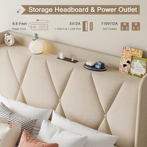 Queen Bed Frame with 4 Storage Drawers and Charging Station, Upholstered Platform Bed Frame with Storage Headboard, No Box Spring Needed