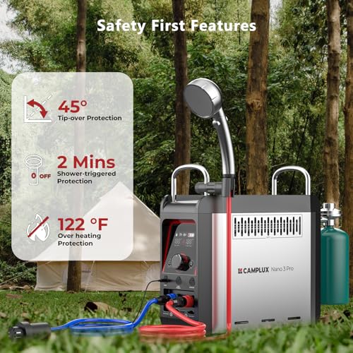 CAMPLUX Nano 3 Pro, Battery Powered Portable Water Heater, 1 lb On-Demand Propane Camping Shower, On Ground Camp Water Heater & Shower Pump