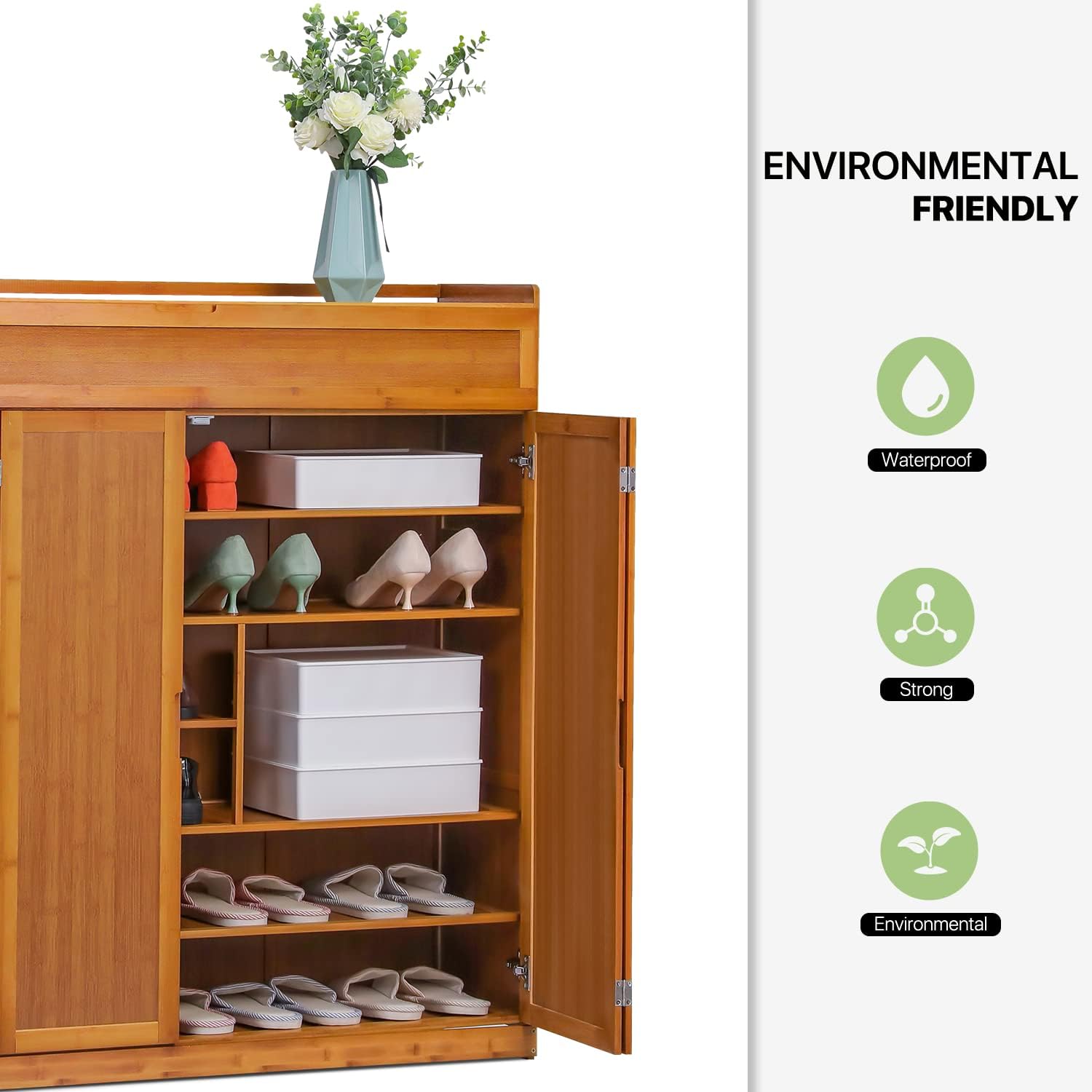 Magshion Large 7 Tier Shoe Storage Cabinet with Bamboo Doors, Multifunctional Organizer Rack for Home Living Room