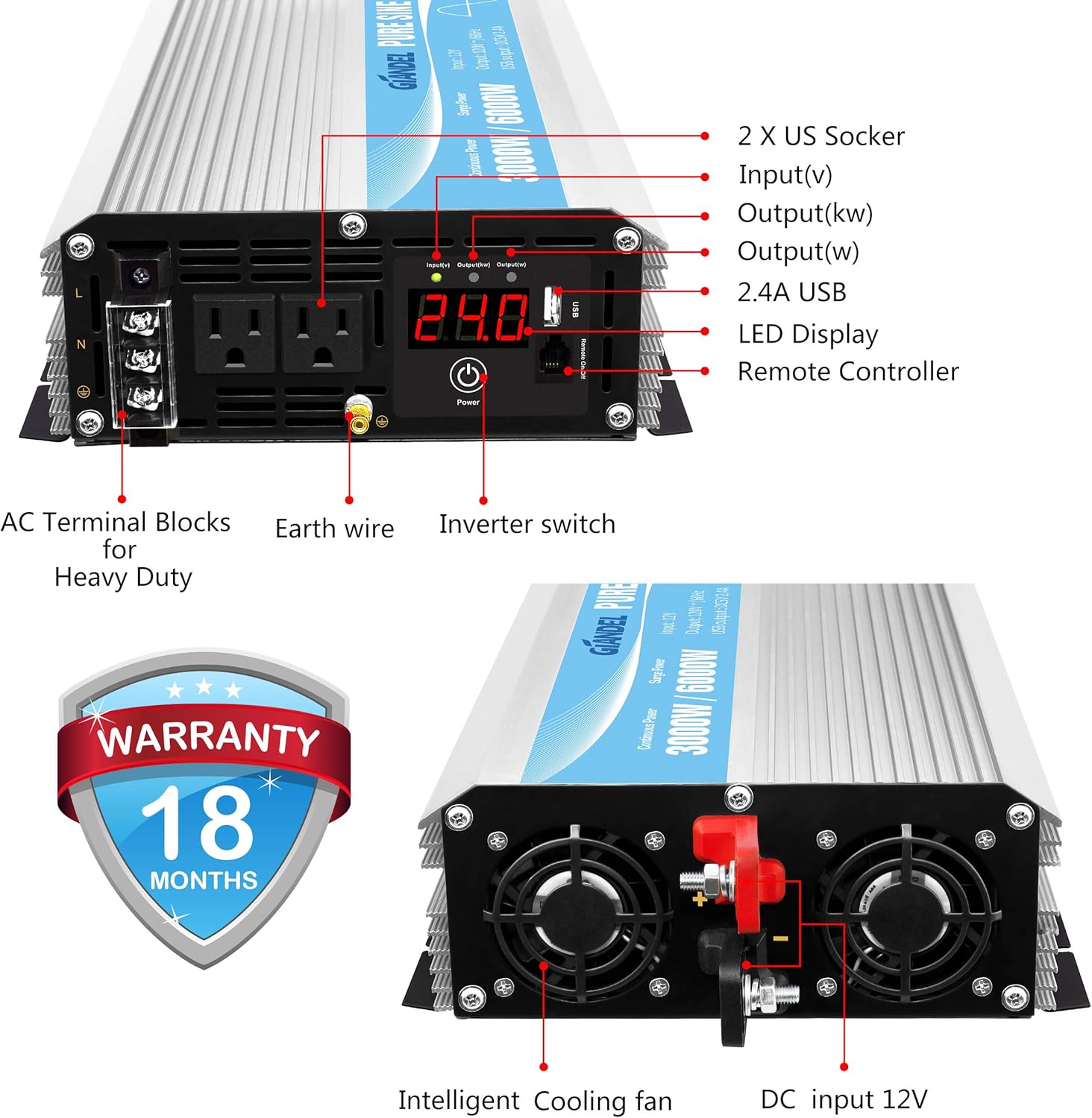 24V Pure Sine Wave Power Inverter 3000Watt DC 24V to AC120V with Dual AC Outlets with Remote Control 2.4A USB and LED Display