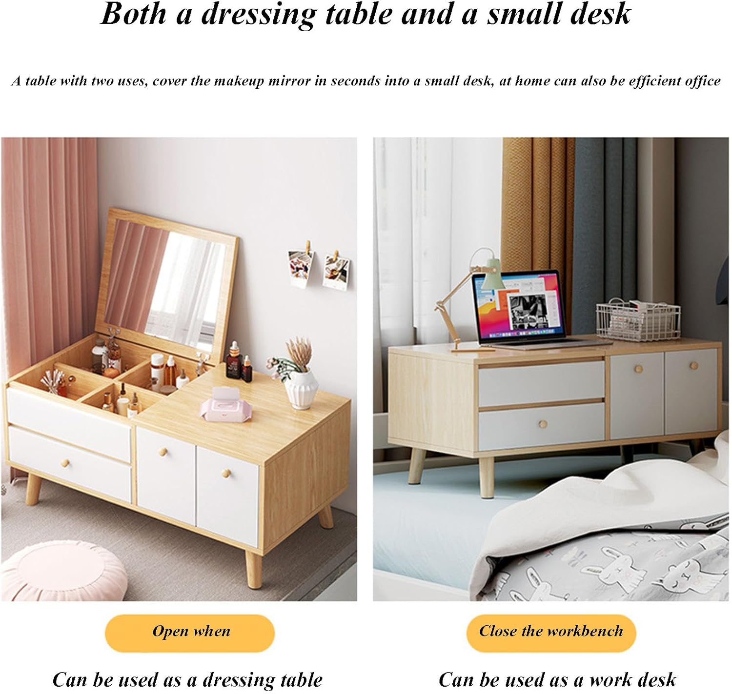 Dressing Table with Flip Top Mirror and Drawer, 3 Colors Touch Screen Adjustable Brightness