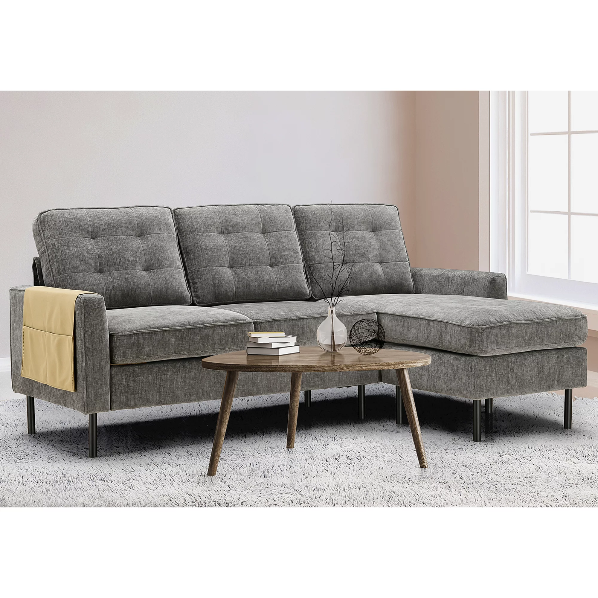 Sectional Sofa Couch Converible - L Shaped Sofa Adult Size with Grey Chenille fabric
