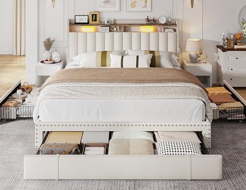 EnHomee Queen Bed Frame with 3 Storage Drawers, Upholstered Bed Frame Queen Size with 2-Tier Storage Headboard, Wooden Slats, No Box Spring Needed