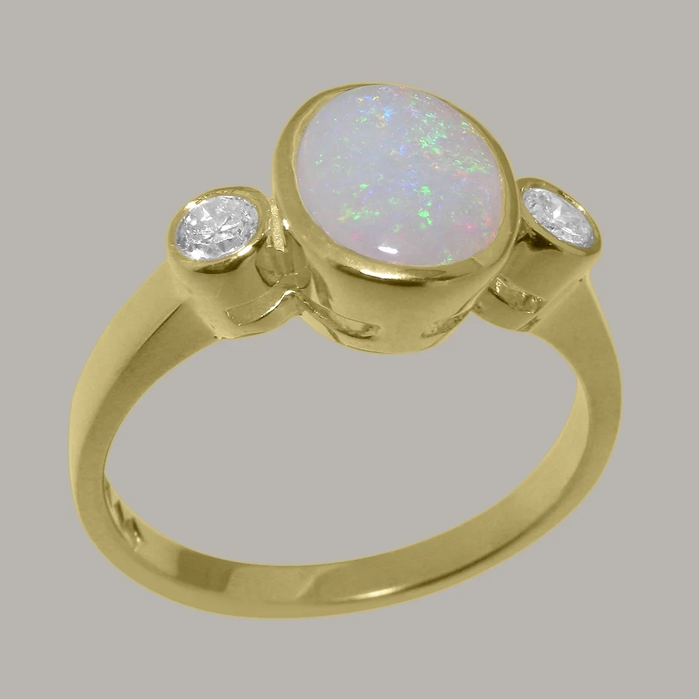 LBG British Made 9k Yellow Gold ring with Natural Opal & Diamond Womens Engagement Ring - 33 size options - Size 11