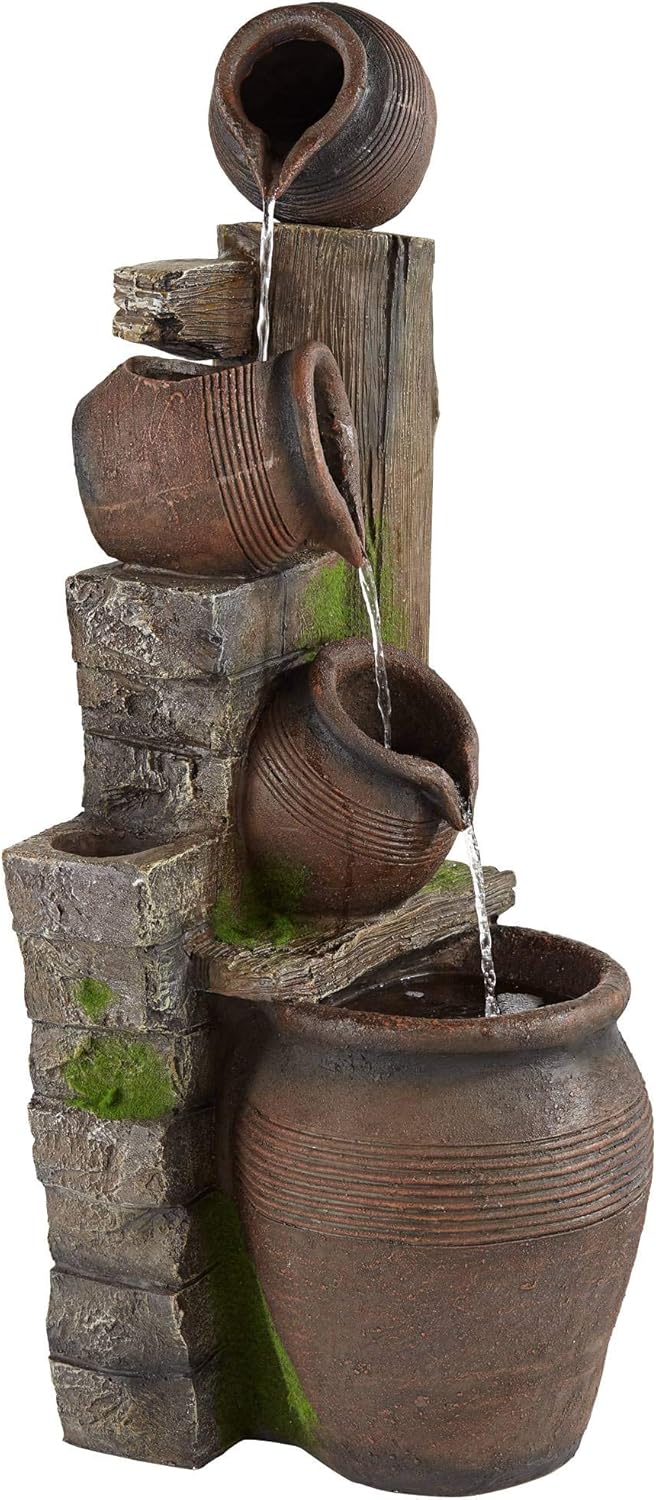 Four Pot Rustic Outdoor Floor Water Fountain 39 1/4" High with LED Light Cascading Decor for Garden Patio Backyard Deck Home Lawn Porch House