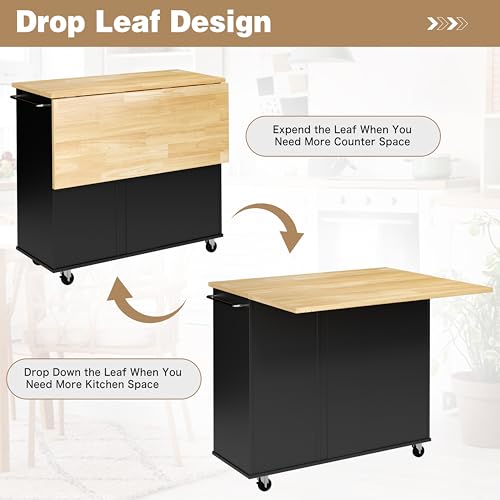 Shintenchi Rolling Kitchen Island Cart with Folding Drop Leaf Breakfast Bar, Portable Trolley Island with Large Storage Cabinet, Shelf and Drawer
