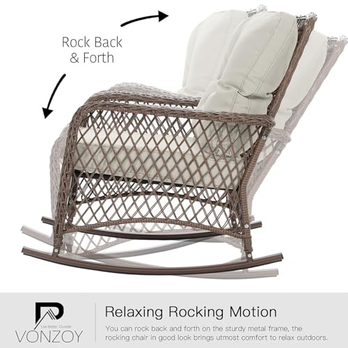 Patio Furniture Set 3 Pieces, Wicker Rocking Bistro Set with Thick Cushions, Outdoor Rocker Chairs and Coffee Table for Porch