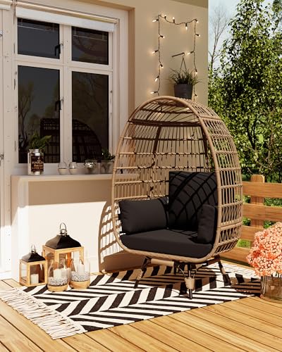 Oversize Wicker Egg Chair with 4 Comfy Cushions, Big Egg Shaped Lounger with Ottoman, Rattan Reading Chairs for Indoor Outdoor Patio Porch Backyard