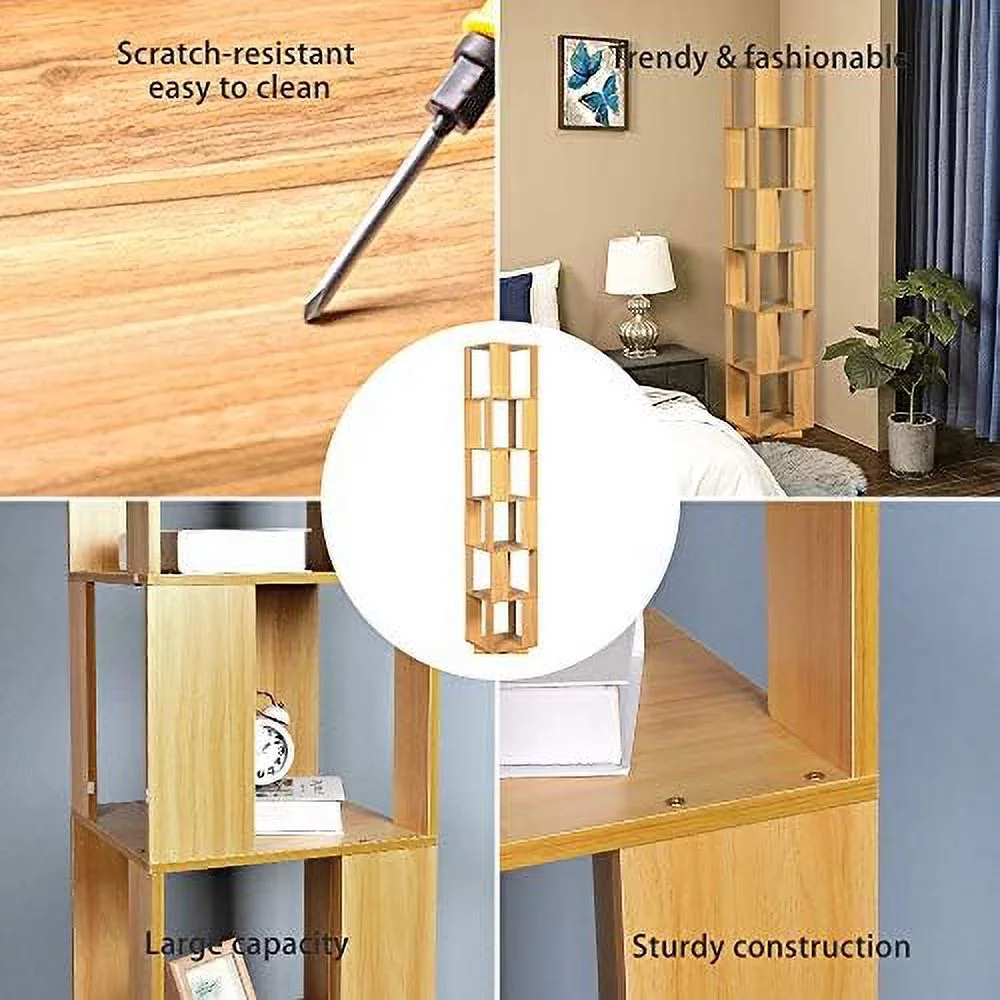 QIHANG- 6 Tier Wooden Bookcase Corner Tall Book  Modern ° Rotating  Display Rack Floor Standing Shelves with Open Design Shelving Unit for Home