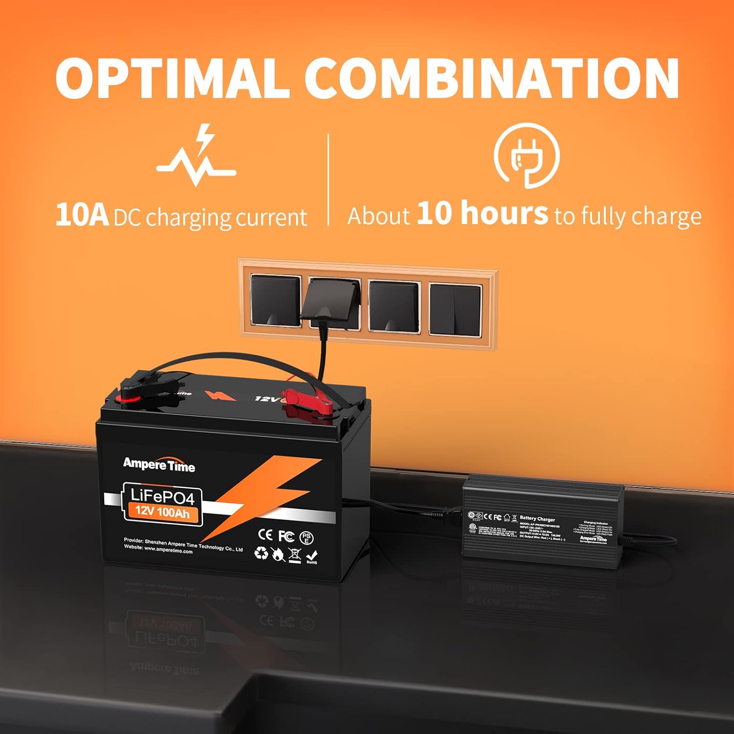 Ampere Time 12V 200Ah LiFePO4 Battery with 14.6V 20A Dedicated Lithium Battery Charger; Built-in 200A BMS, 4000+ Cycles, Perfect for RV, Solar
