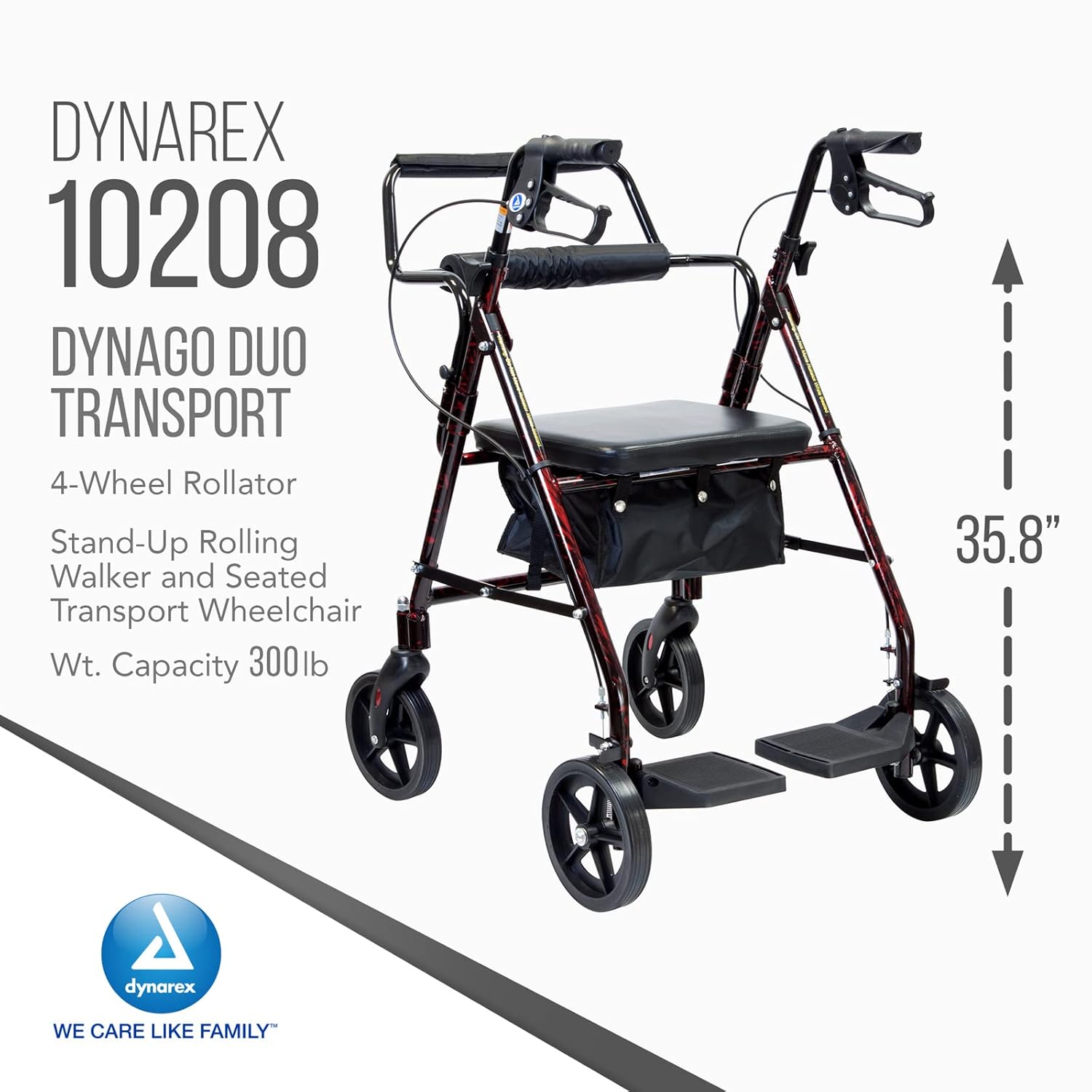 Dynarex DynaGo Duo Transport 4 Wheel Rollator - Stand-Up Rolling Walker and Seated Transport Wheelchair - Fold-Down Footrests