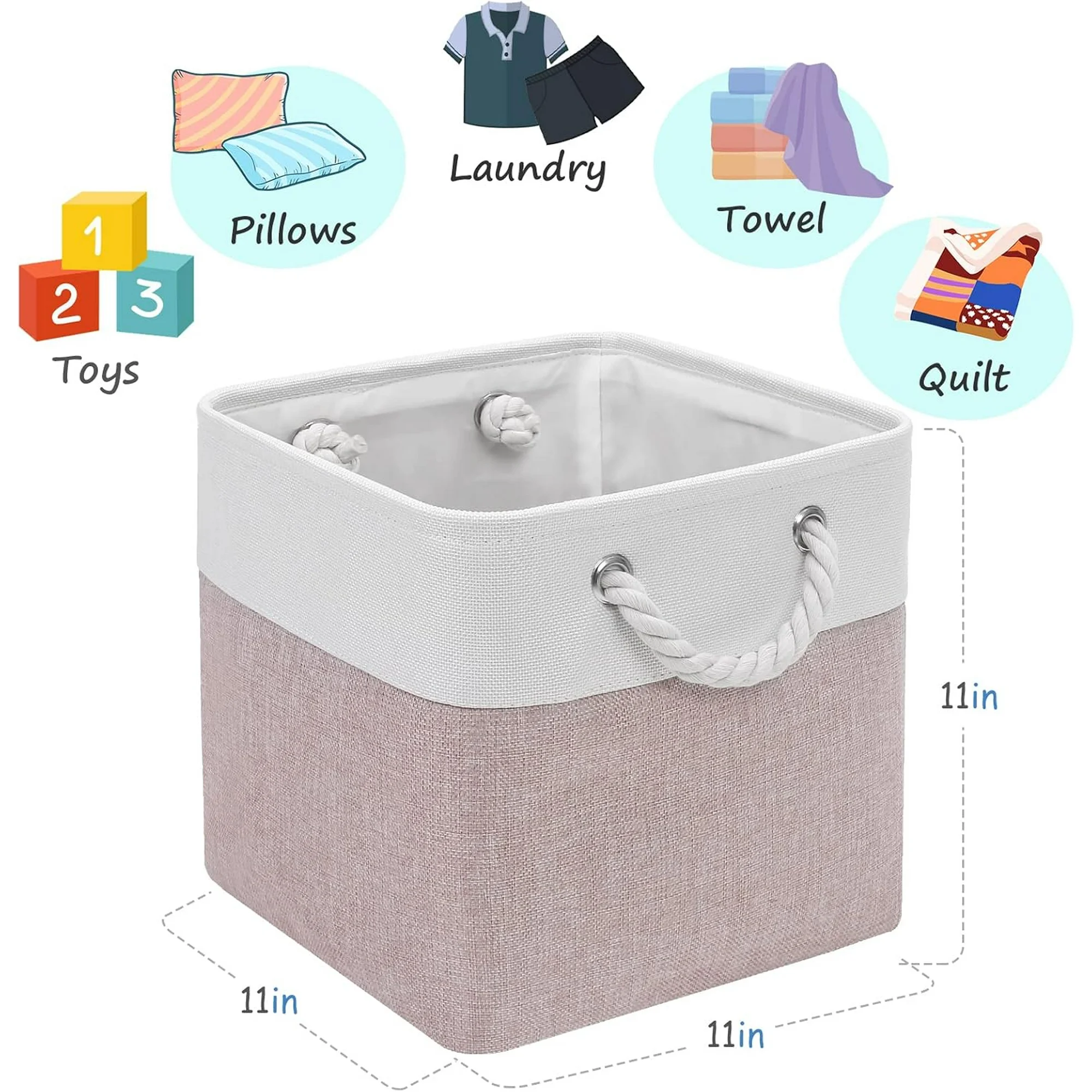 Cube Storage Bins, 6 Pack 11x11 inch with Cotton Handles for Closet, Shelves, Clothes, Toys, Towel (White/Pink)