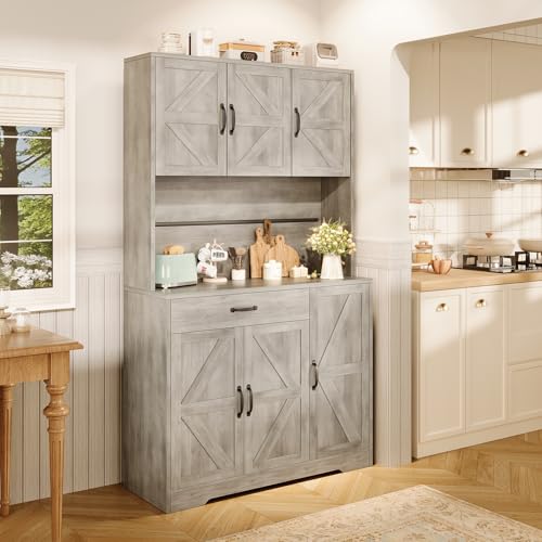 72" Tall Storage Cabinet, Kitchen Pantry Cabinet with Adjustable Shelves & Sturdy Steel Frame, Farmhouse Pantry Storage with 4 Barn Doors for Kitchen