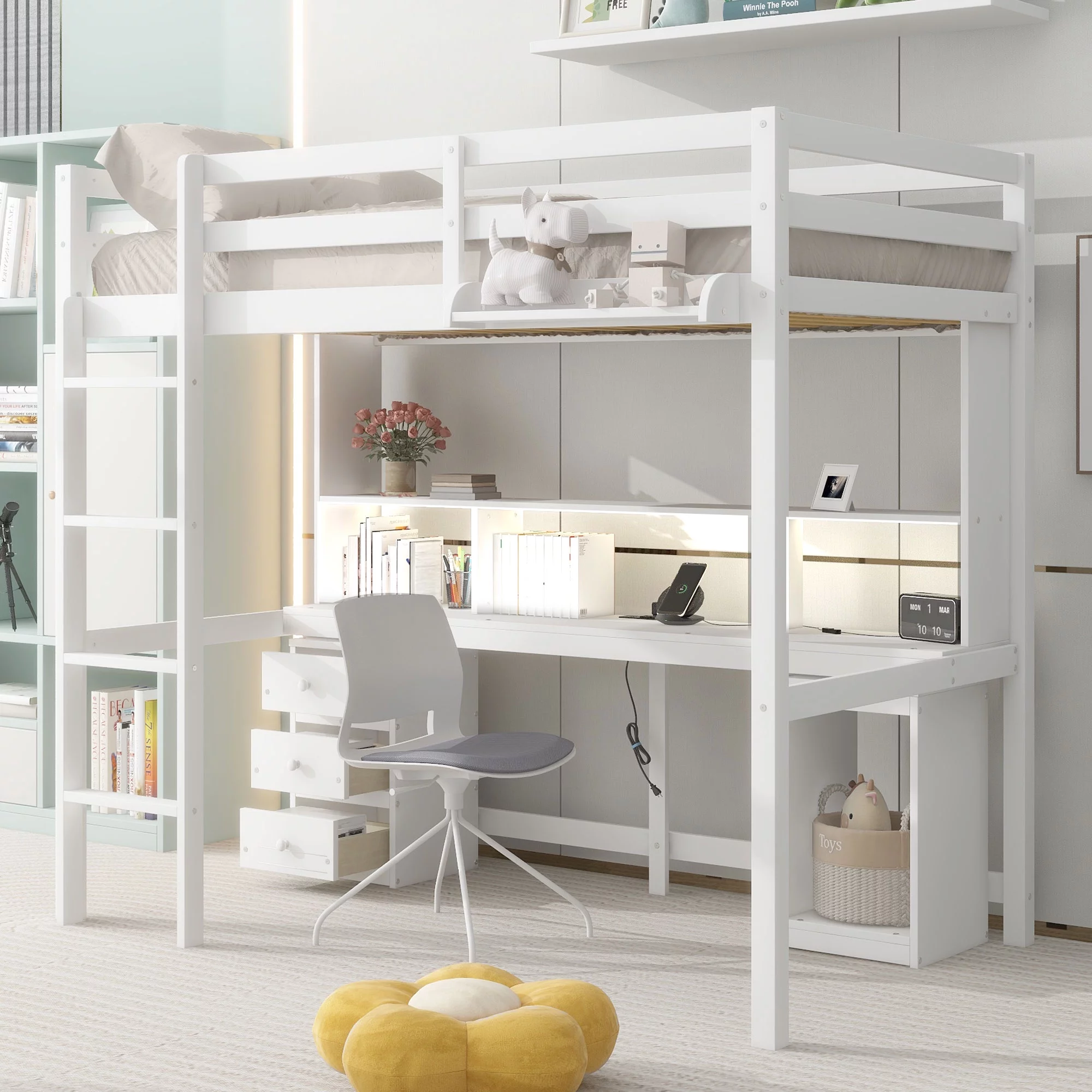 Euroco Twin Size Loft Bed with Built-in Desk, 3 Drawers and USB Charging Station, LED Light Under Bed Space