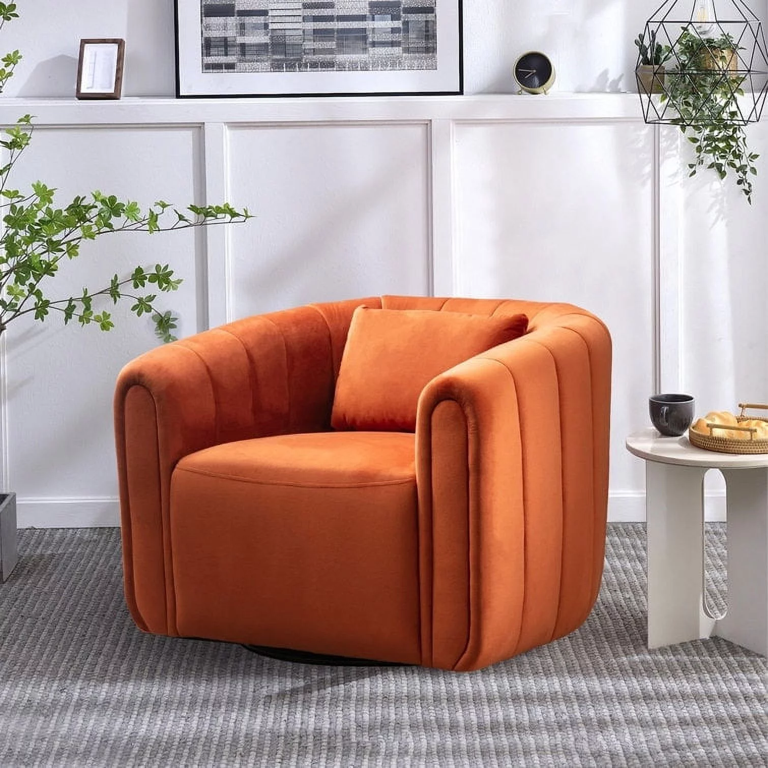 Bonzy Home Swivel Barrel Chair with Plump Pillow, Modern Channel Velvet Accent Chair, Comfy Round Armchair