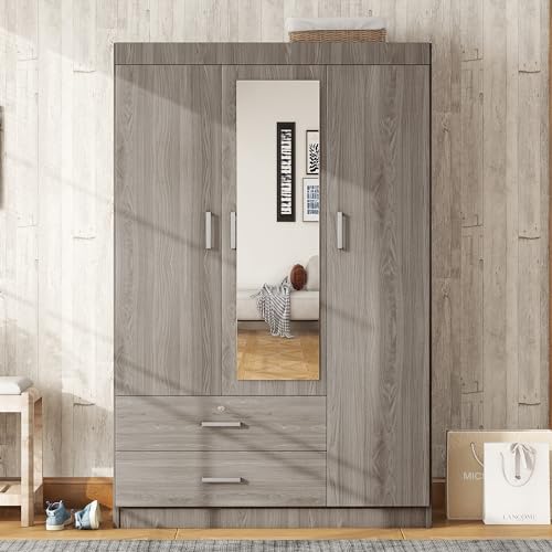 3 Doors Wardrobe Armoire with Mirror, Modern Wood Armoire Wardrobe Cabinet with Shelves & Hanging Rod, Bedroom Armoire Clothes Organizer (Gray-3G)