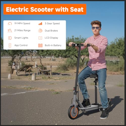 Electric Scooter for Adults with Seat, Folding Commuter E Scooter with 350W Motor, 19MPH Speed, 21 Miles Long Range, Dual Brakes, App Control