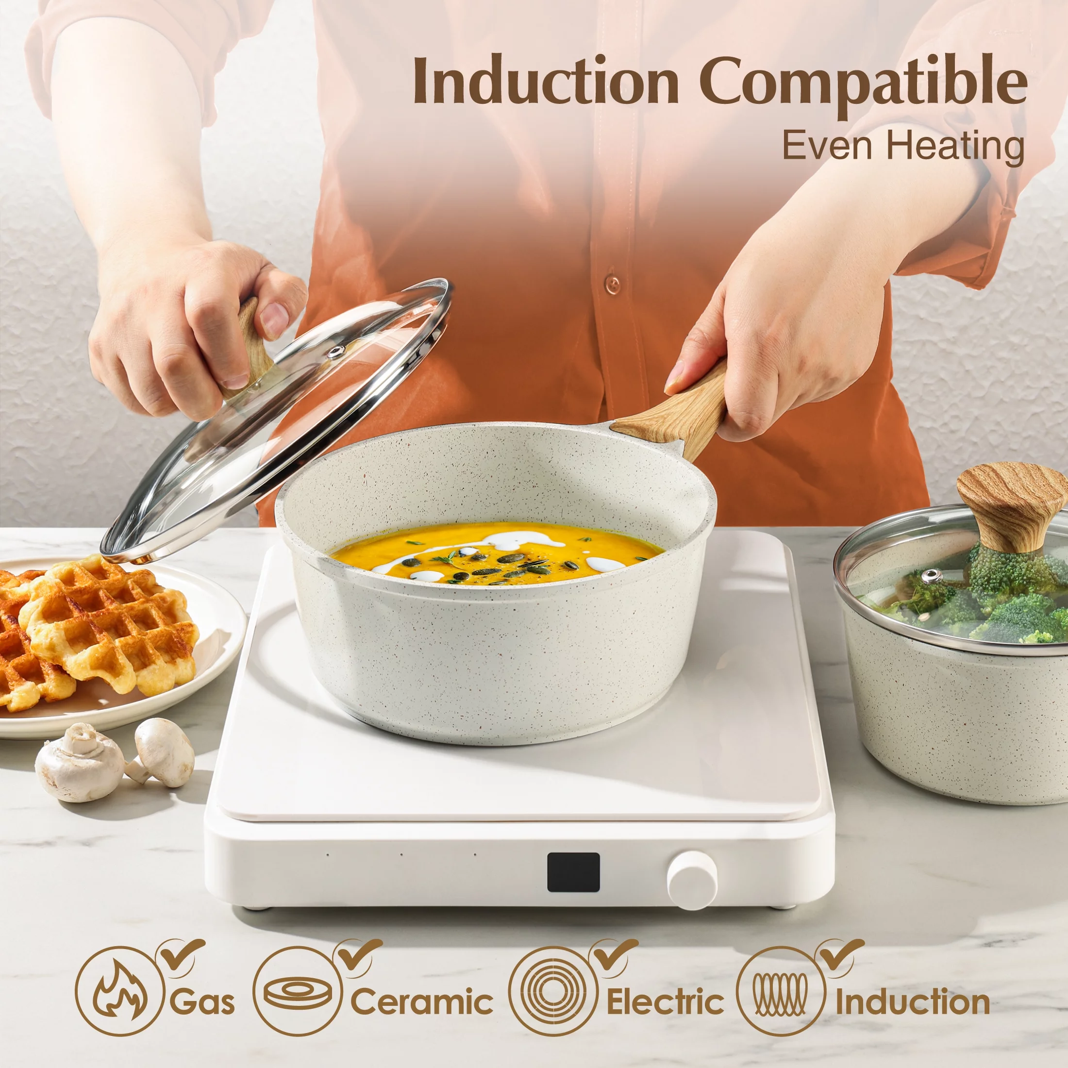 Sensarte Ceramic Nonstick Pots and Pans Set, 17 Pieces Healthy Non Stick Cookware Set with Pots Protectors, Induction Kitchen Cookware Sets White