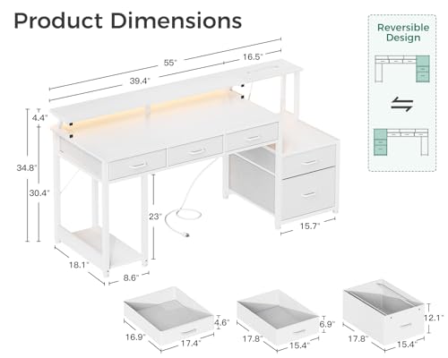 AODK 55 Inch Computer Desk with 3 Drawers and File Cabinet for Storage, Office Desk with Monitor Stand and LED Lights, Home Office Desks, Black