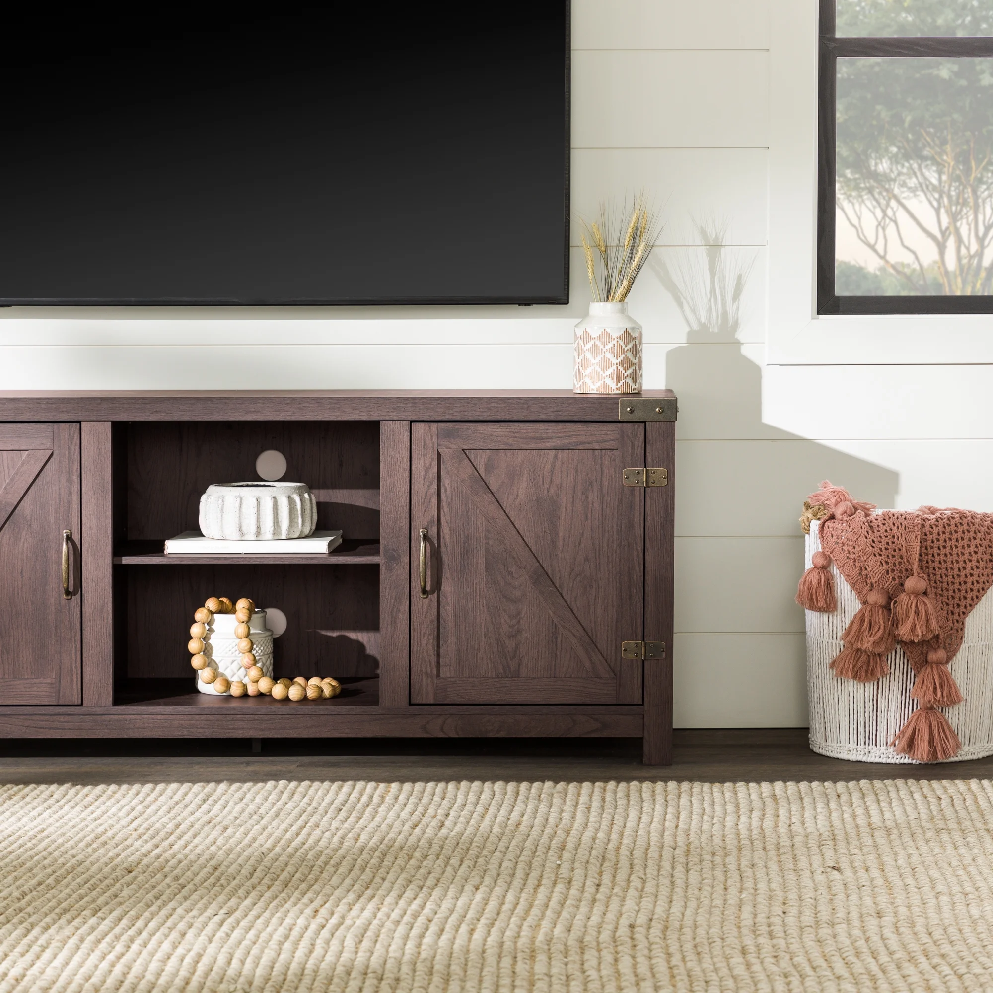 Walker Edison Modern Farmhouse Barn Door TV Stand for TVs up to 65, Grey Wash